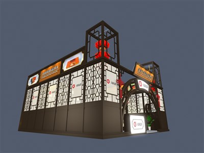 72平米展臺設(shè)計(jì)制作：一面開口/中式/木質(zhì)結(jié)構(gòu)/咖啡色，為綜合展展商而作（免費(fèi)使用）