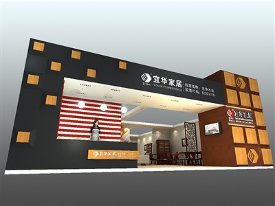 299平米展臺(tái)設(shè)計(jì)制作：一面開口/中式/木質(zhì)結(jié)構(gòu)/米色，為家具展展商而作（免費(fèi)使用）