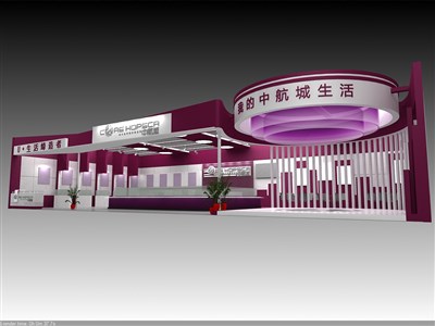 135平米展臺設計制作：一面開口/現(xiàn)代/木質結構/紫色，為房產(chǎn)展展商而作（免費使用）