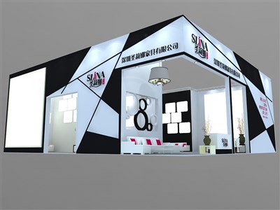 100平米展臺設(shè)計制作：二面開口/前衛(wèi)/型材結(jié)構(gòu)/黑色，為家具展展商而作（免費(fèi)使用）