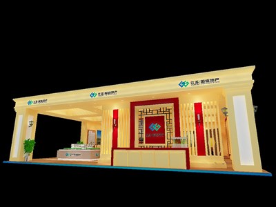 72平米展臺設(shè)計制作：四面開口/歐式/型材結(jié)構(gòu)/米色，為房產(chǎn)展展商而作（免費使用）