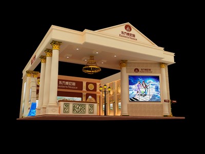 99平米展臺(tái)設(shè)計(jì)制作：二面開口/歐式/木質(zhì)結(jié)構(gòu)/咖啡色，為房產(chǎn)展展商而作（免費(fèi)使用）
