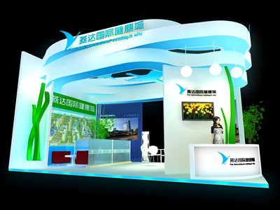 48平米展臺設計制作：三面開口/現(xiàn)代/型材結構/彩色，為房產(chǎn)展展商而作（免費使用）