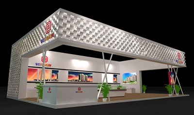 96平米展臺設(shè)計(jì)制作：三面開口/前衛(wèi)/木質(zhì)結(jié)構(gòu)/白色，為房產(chǎn)展展商而作（免費(fèi)使用）