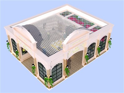 100平米展臺設(shè)計(jì)制作：二面開口/歐式/型材結(jié)構(gòu)/米色，為房產(chǎn)展展商而作（免費(fèi)使用）
