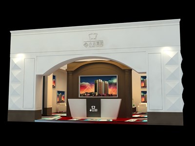 72平米展臺(tái)設(shè)計(jì)制作：二面開(kāi)口/歐式/木質(zhì)結(jié)構(gòu)/灰色，為房產(chǎn)展展商而作（免費(fèi)使用）
