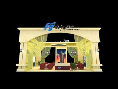 90平米展臺設(shè)計制作：二面開口/歐式/木質(zhì)結(jié)構(gòu)/米色，為房產(chǎn)展展商而作（免費使用）