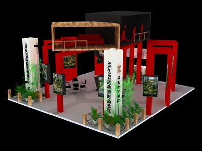 64平米展臺設(shè)計(jì)制作：四面開口/前衛(wèi)/木質(zhì)結(jié)構(gòu)/紅色，為房產(chǎn)展展商而作（免費(fèi)使用）