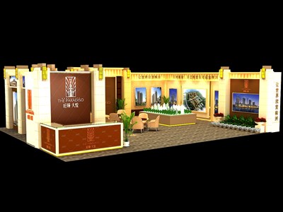 88平米展臺設(shè)計制作：二面開口/歐式/木質(zhì)結(jié)構(gòu)/米色，為房產(chǎn)展展商而作（免費使用）