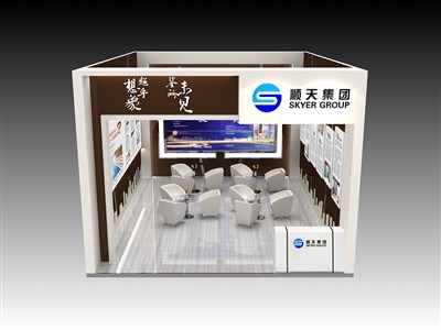 48平米展臺設計制作：一面開口/現(xiàn)代/型材結(jié)構(gòu)/彩色，為房產(chǎn)展展商而作（免費使用）