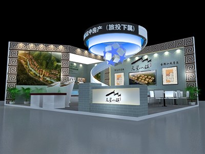 66平米展臺設(shè)計制作：二面開口/中式/木質(zhì)結(jié)構(gòu)/灰色，為房產(chǎn)展展商而作（免費(fèi)使用）