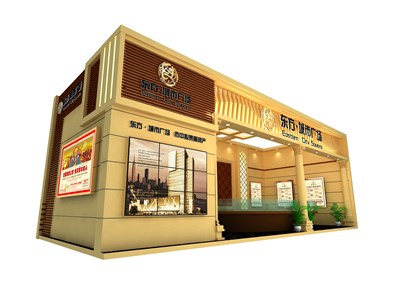 40平米展臺設(shè)計(jì)制作：一面開口/歐式/木質(zhì)結(jié)構(gòu)/米色，為房產(chǎn)展展商而作（免費(fèi)使用）