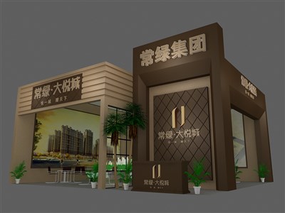 90平米展臺設(shè)計制作：二面開口/前衛(wèi)/木質(zhì)結(jié)構(gòu)/咖啡色，為房產(chǎn)展展商而作（免費使用）