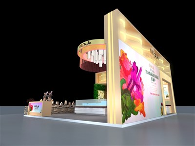 48平米展臺設(shè)計制作：二面開口/前衛(wèi)/木質(zhì)結(jié)構(gòu)/米色，為房產(chǎn)展展商而作（免費使用）