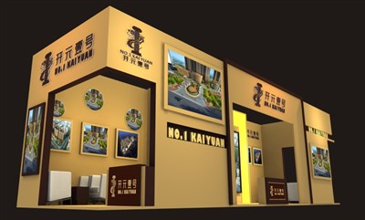 44平米展臺設(shè)計制作：三面開口/歐式/木質(zhì)結(jié)構(gòu)/咖啡色，為房產(chǎn)展展商而作（免費使用）