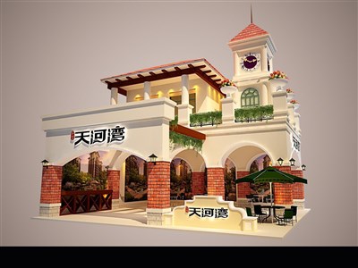 99平米展臺設(shè)計制作：二面開口/歐式/雙層結(jié)構(gòu)/米色，為房產(chǎn)展展商而作（免費使用）
