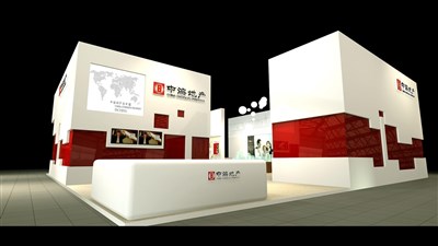 100平米展臺(tái)設(shè)計(jì)制作：二面開口/現(xiàn)代/木質(zhì)結(jié)構(gòu)/紅色，為房產(chǎn)展展商而作（免費(fèi)使用）