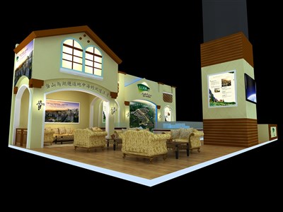 63平米展臺設(shè)計制作：三面開口/歐式/木質(zhì)結(jié)構(gòu)/咖啡色，為房產(chǎn)展展商而作（免費(fèi)使用）