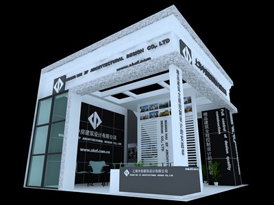 36平米展臺設(shè)計制作：二面開口/現(xiàn)代/型材結(jié)構(gòu)/灰色，為房產(chǎn)展展商而作（免費使用）