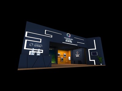 90平米展臺設計制作：一面開口/現(xiàn)代/型材結(jié)構(gòu)/藍色，為房產(chǎn)展展商而作（免費使用）