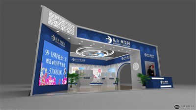90平米展臺設(shè)計制作：三面開口/現(xiàn)代/型材結(jié)構(gòu)/彩色，為房產(chǎn)展展商而作（免費使用）