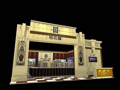 110平米展臺設(shè)計(jì)制作：一面開口/歐式/木質(zhì)結(jié)構(gòu)/米色，為房產(chǎn)展展商而作（免費(fèi)使用）