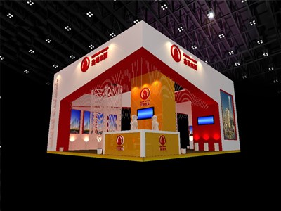48平米展臺設(shè)計(jì)制作：三面開口/中式/木質(zhì)結(jié)構(gòu)/紅色，為房產(chǎn)展展商而作（免費(fèi)使用）