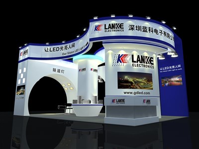 54平米展臺設(shè)計制作：三面開口/現(xiàn)代/型材結(jié)構(gòu)/藍(lán)色，為電子展展商而作（免費使用）