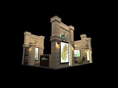 56平米展臺設(shè)計制作：三面開口/歐式/木質(zhì)結(jié)構(gòu)/咖啡色，為房產(chǎn)展展商而作（免費使用）