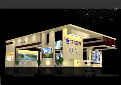 143平米展臺設(shè)計制作：三面開口/現(xiàn)代/木質(zhì)結(jié)構(gòu)/米色，為房產(chǎn)展展商而作（免費使用）