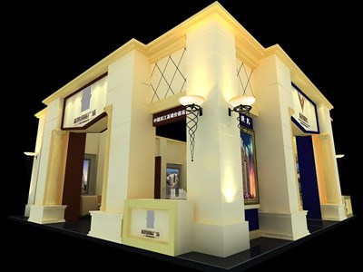 100平米展臺設(shè)計制作：四面開口/歐式/木質(zhì)結(jié)構(gòu)/米色，為家具展展商而作（免費使用）