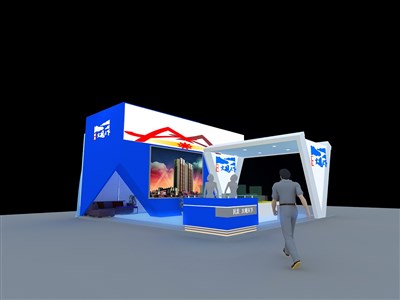 56平米展臺設計制作：三面開口/前衛(wèi)/型材結(jié)構(gòu)/藍色，為房產(chǎn)展展商而作（免費使用）