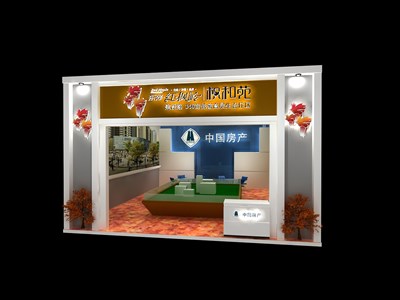 56平米展臺設計制作：一面開口/歐式/木質結構/灰色，為房產(chǎn)展展商而作（免費使用）