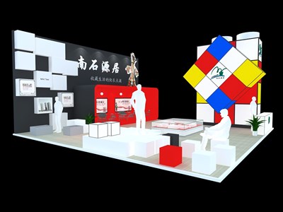 90平米展臺(tái)設(shè)計(jì)制作：三面開(kāi)口/前衛(wèi)/型材結(jié)構(gòu)/彩色，為房產(chǎn)展展商而作（免費(fèi)使用）