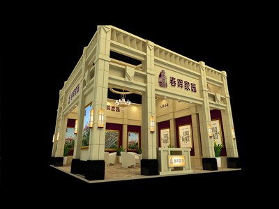 110平米展臺設(shè)計制作：二面開口/歐式/木質(zhì)結(jié)構(gòu)/米色，為房產(chǎn)展展商而作（免費使用）