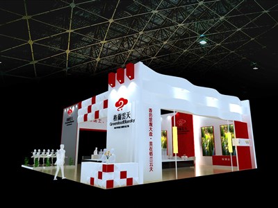 63平米展臺設(shè)計(jì)制作：三面開口/前衛(wèi)/木質(zhì)結(jié)構(gòu)/紅色，為房產(chǎn)展展商而作（免費(fèi)使用）
