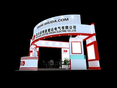 36平米展臺(tái)設(shè)計(jì)制作：三面開(kāi)口/現(xiàn)代/木質(zhì)結(jié)構(gòu)/紅色，為電子展展商而作（免費(fèi)使用）