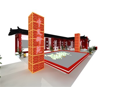 189平米展臺設計制作：四面開口/中式/木質結構/紅色，為房產展展商而作（免費使用）