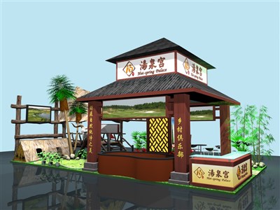 72平米展臺設(shè)計(jì)制作：四面開口/田園/木質(zhì)結(jié)構(gòu)/咖啡色，為旅游展展商而作（免費(fèi)使用）