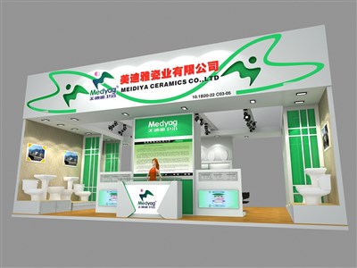 54平米展臺設(shè)計制作：二面開口/現(xiàn)代/木質(zhì)結(jié)構(gòu)/綠色，為建材展展商而作（免費使用）