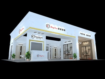 120平米展臺(tái)設(shè)計(jì)制作：二面開口/歐式/木質(zhì)結(jié)構(gòu)/白色，為建材展展商而作（免費(fèi)使用）