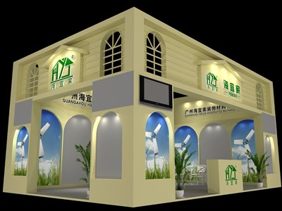 54平米展臺(tái)設(shè)計(jì)制作：二面開(kāi)口/歐式/木質(zhì)結(jié)構(gòu)/米色，為建材展展商而作（免費(fèi)使用）