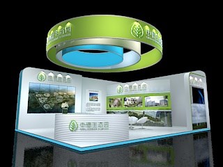 80平米展臺設計制作：二面開口/現(xiàn)代/木質結構/綠色，為旅游展展商而作（免費使用）