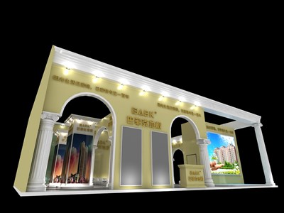 160.5平米展臺設(shè)計(jì)制作：二面開口/歐式/木質(zhì)結(jié)構(gòu)/米色，為建材展展商而作（免費(fèi)使用）