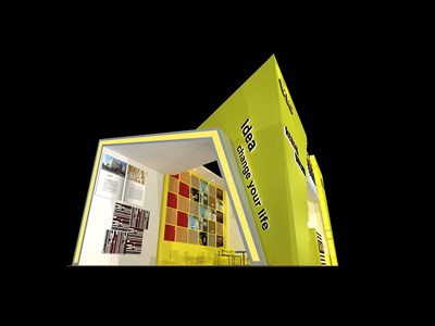 54平米展臺(tái)設(shè)計(jì)制作：三面開口/現(xiàn)代/木質(zhì)結(jié)構(gòu)/黃色，為建材展展商而作（免費(fèi)使用）