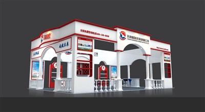 96平米展臺設(shè)計(jì)制作：四面開口/歐式/木質(zhì)結(jié)構(gòu)/白色，為建材展展商而作（免費(fèi)使用）