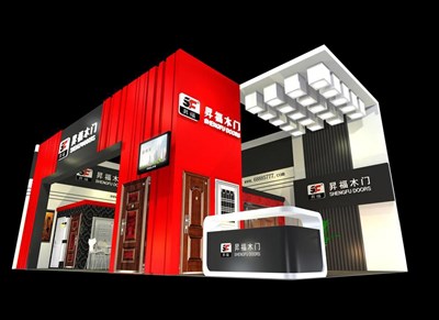 72平米展臺(tái)設(shè)計(jì)制作：二面開(kāi)口/現(xiàn)代/木質(zhì)結(jié)構(gòu)/紅色，為建材展展商而作（免費(fèi)使用）