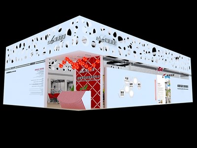 135平米展臺設計制作：三面開口/現(xiàn)代/木質結構/白色，為建材展展商而作（免費使用）