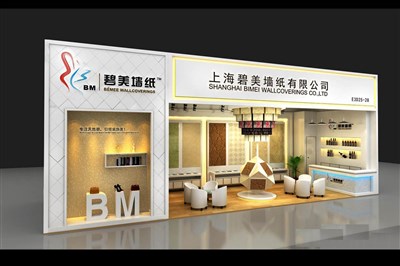 48平米展臺設(shè)計制作：一面開口/歐式/木質(zhì)結(jié)構(gòu)/米色，為建材展展商而作（免費使用）