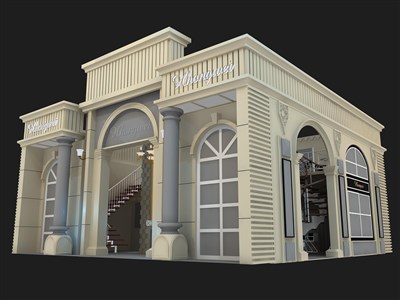 144平米展臺設(shè)計制作：二面開口/歐式/木質(zhì)結(jié)構(gòu)/米色，為建材展展商而作（免費使用）